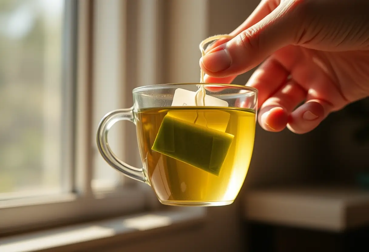 Une main tenant une boule à thé verte dans une tasse de verre remplie d'eau chaude, lumière naturelle