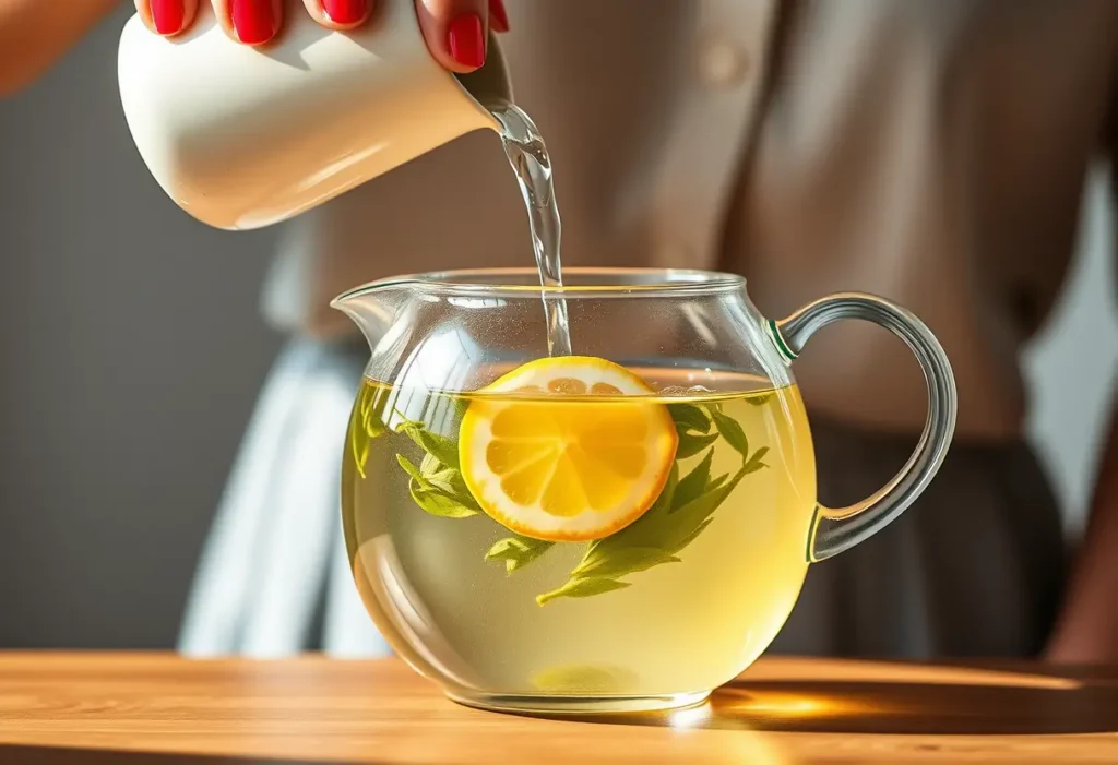 Main de femme versant de l'eau chaude dans une théière en verre contenant des feuilles de thé vert et une tranche de citron
