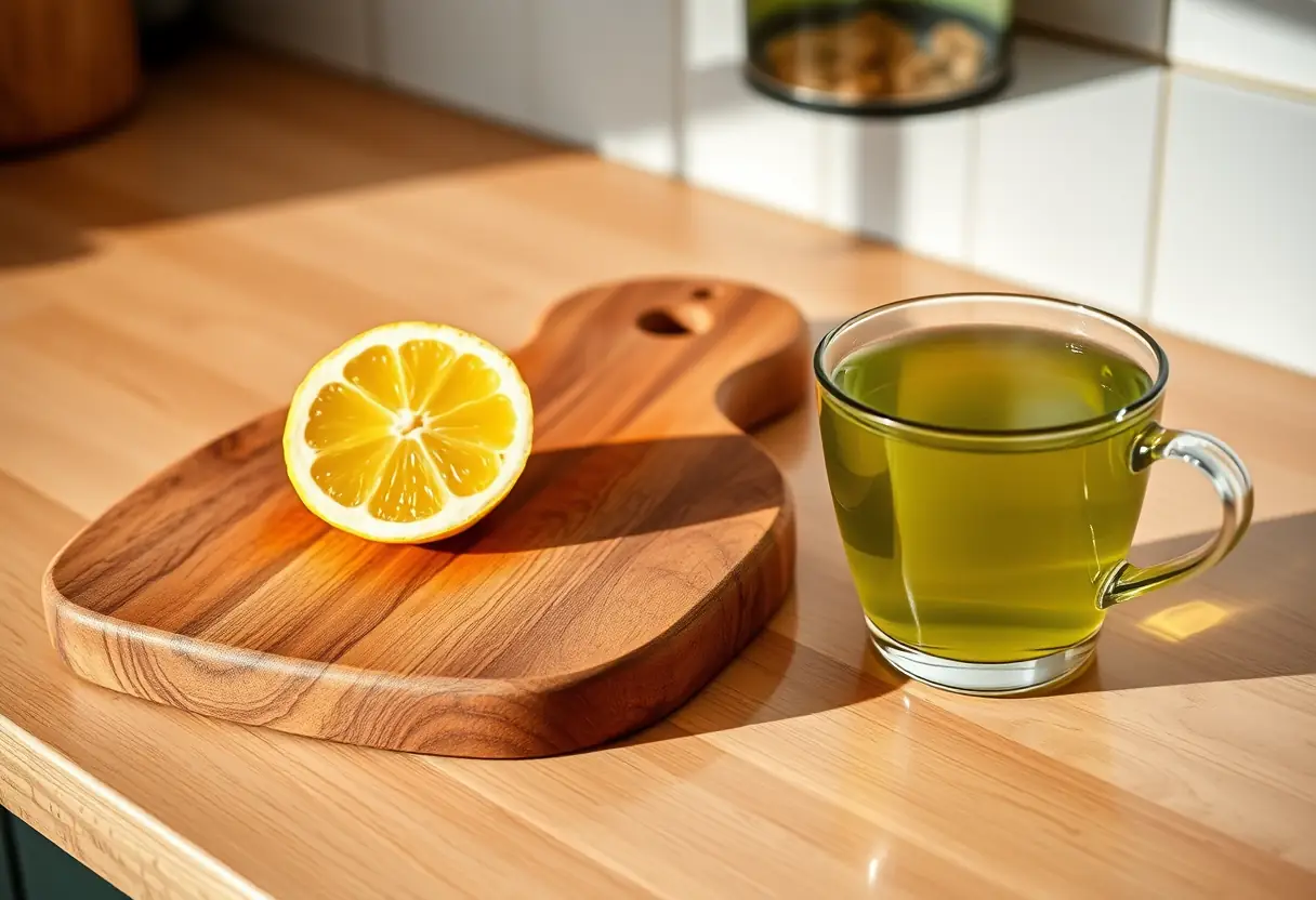 Étagère de cuisine avec un planche à découper en bois contenant un citron fraîchement coupé et une tasse de thé vert fumant à côté