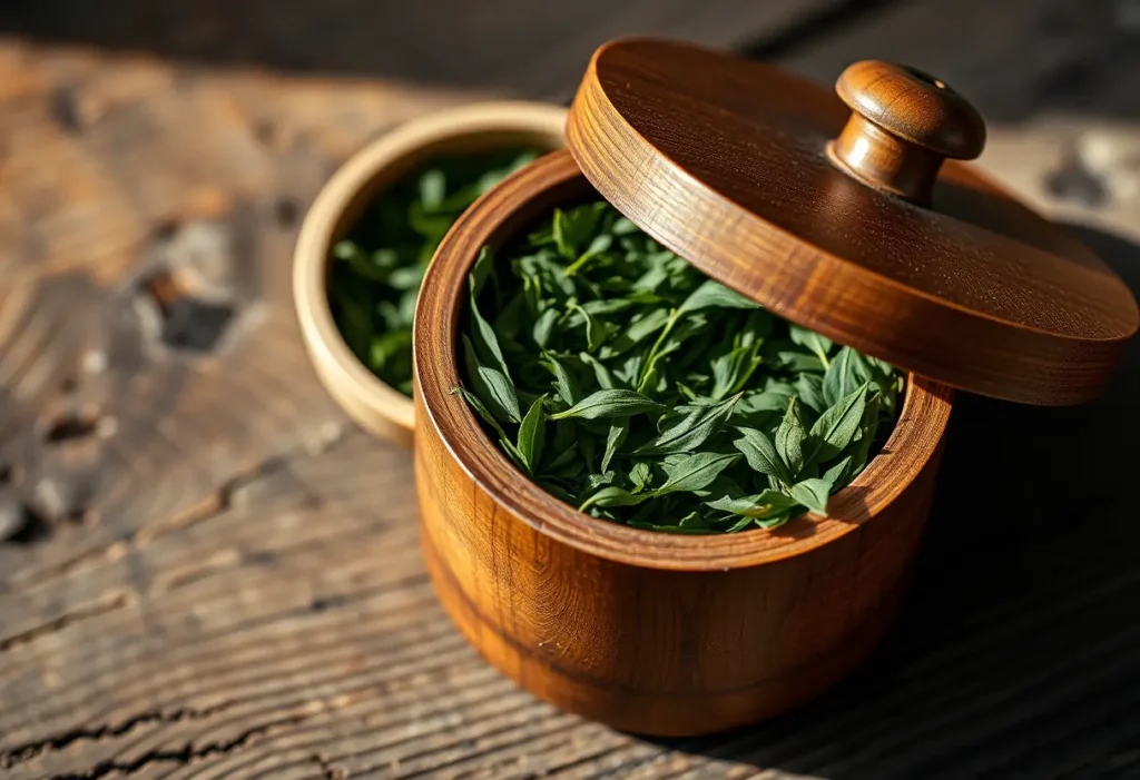 Un pot en bois contenant des feuilles de thé vert, symbole de la tradition et du bien-être.