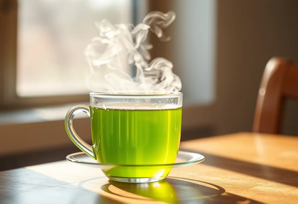 une tasse fumante de thé vert au jasmin posée sur une table en bois, éclairée par la lumière naturelle qui filtre à travers une fenêtre