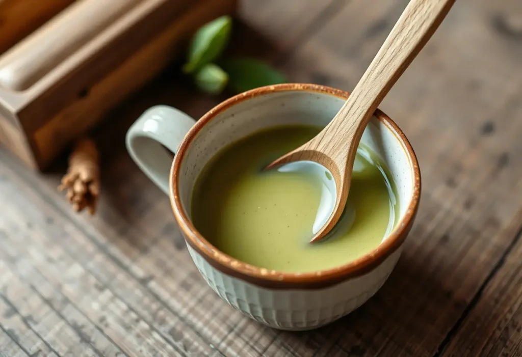 Une cuillère en bois mélangeant du thé matcha dans une tasse en céramique sur une table rustique, éclairée par la lumière du matin