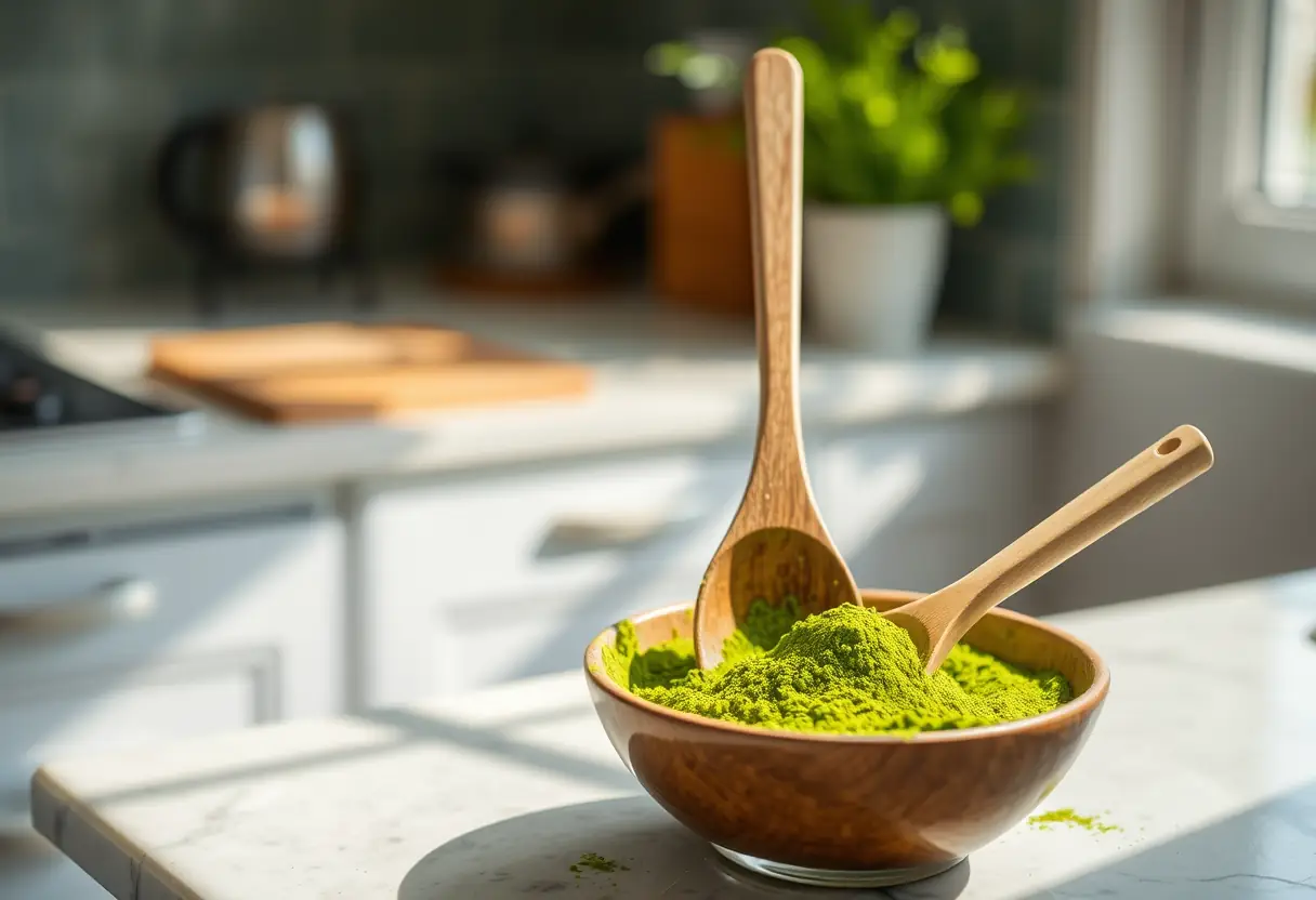 Un cuilleron en bois mélange délicatement du matcha vert dans un bol lumineux, rappelant le bien-être et l'énergie