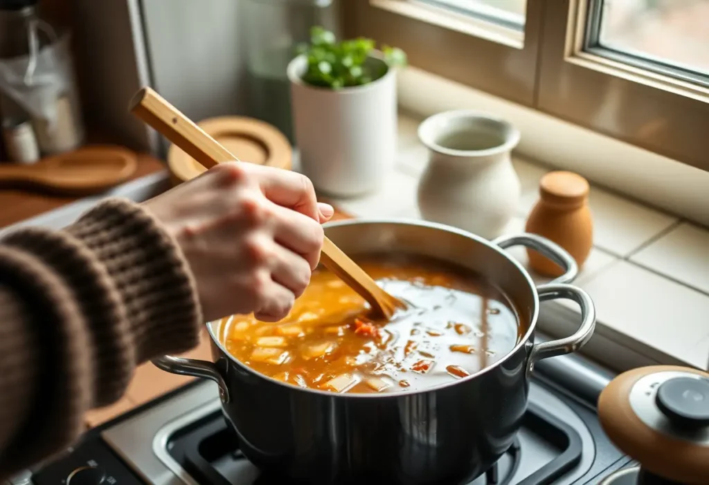 Une main féminine tenant une cuillère en bois au-dessus d'une marmite de soupe maison dans une cuisine accueillante