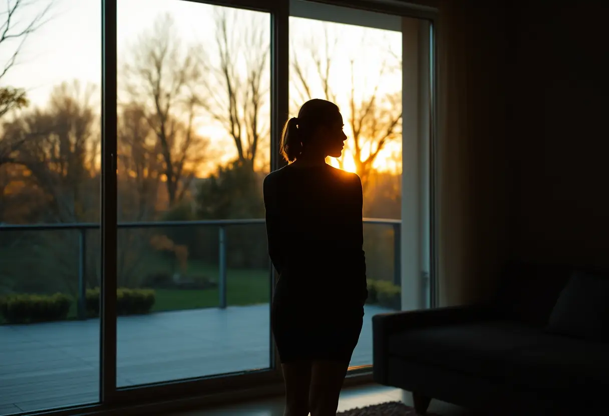 Un profil d'une femme se reflétant à travers une grande fenêtre, montrant les saisons qui changent