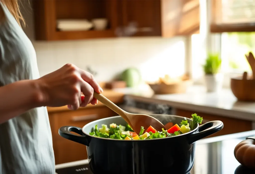 Main du lecteur tenant une cuillère en bois pendant la préparation d’un repas sain