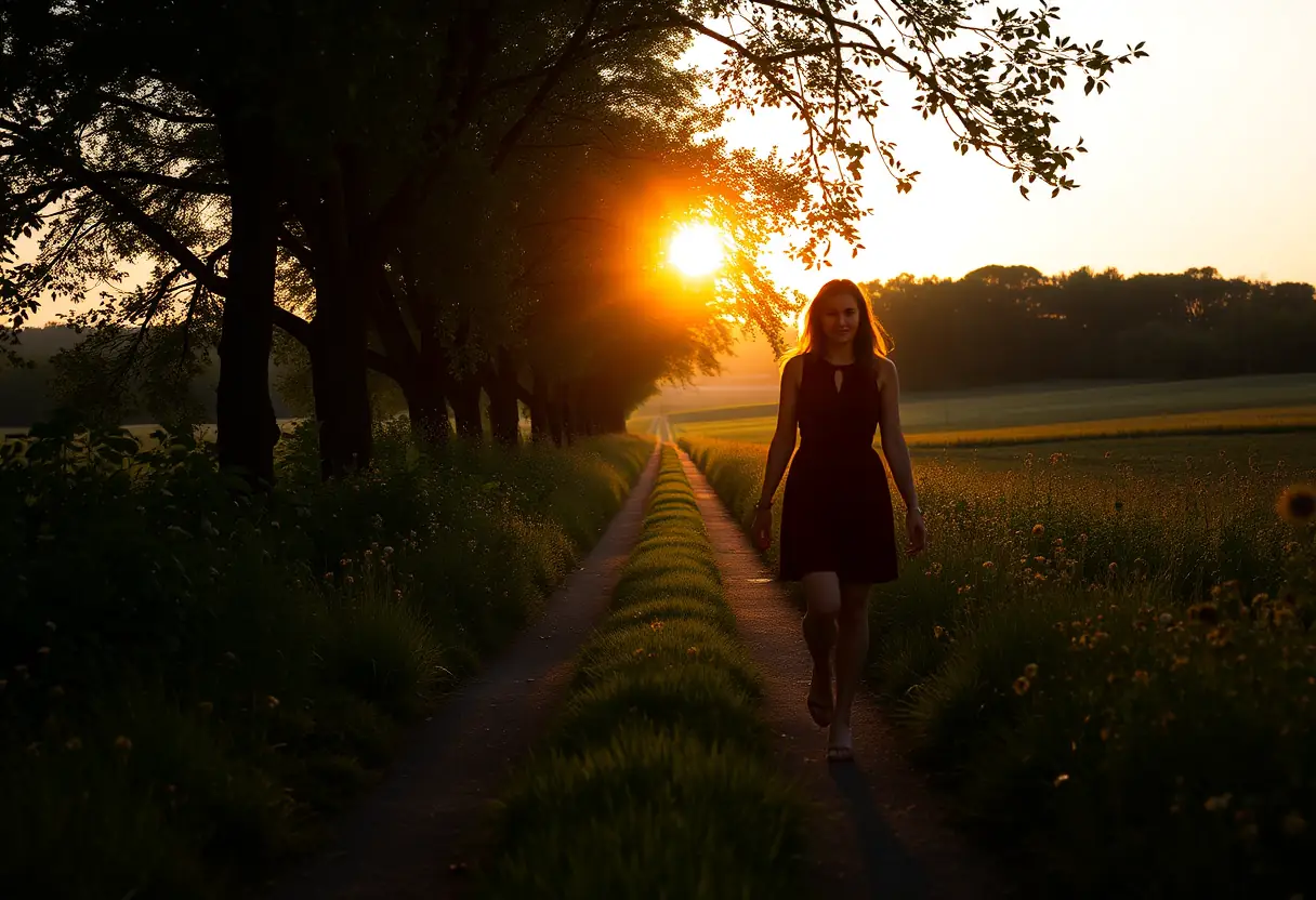 Silhouette d'une femme marchant sur un chemin bordé d'arbres et de fleurs sauvages