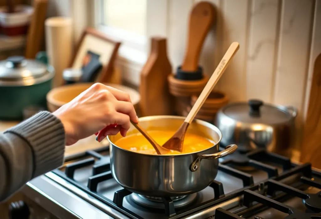 Une main féminine tient une cuillère en bois dans une cuisine accueillante