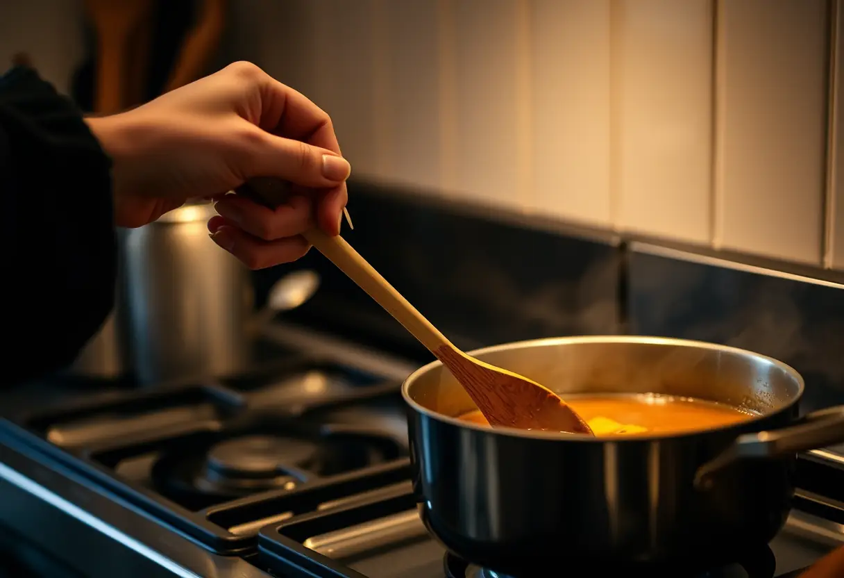 Une main féminine tient une cuillère en bois en remuant une marmite de soupe, pré-ménopause