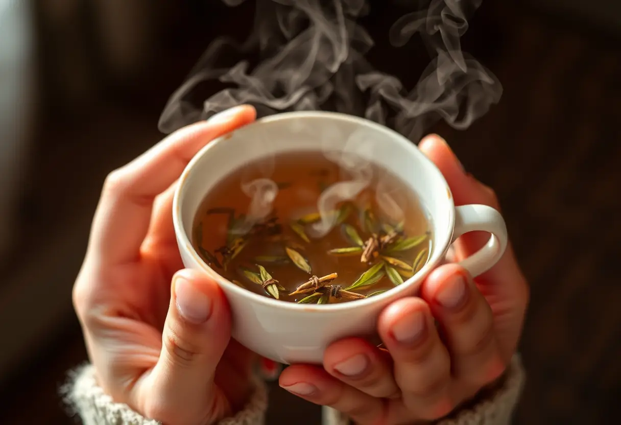 Des mains tenant une tasse de thé aromatique, évoquant la détente et l'auto-acceptation.