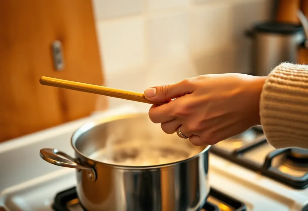 Main: Une main tient délicatement une cuillère en bois près d'une casserole sur la cuisinière.