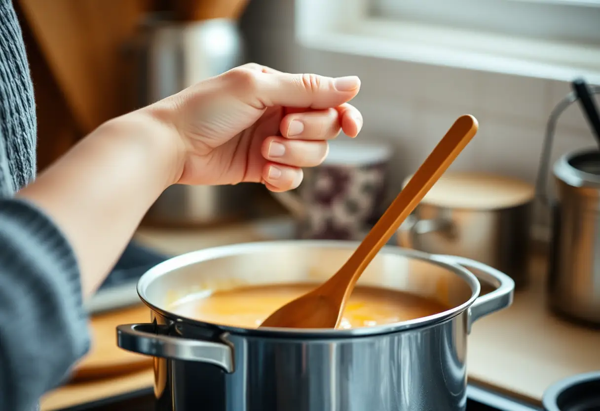 Main dans une cuisine, tenant une cuillère de bois près d'une marmite de soupe