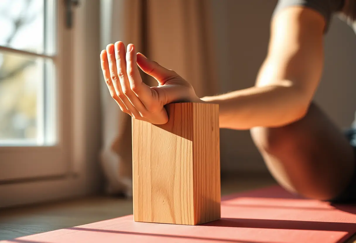 Une main tenant un bloc de yoga en bois dans une pièce lumineuse
