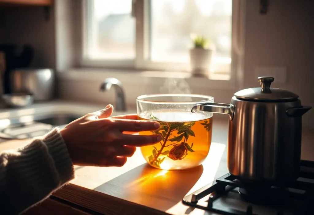 Une main féminine verse du thé dans une tasse, évoquant la détente et le bien-être