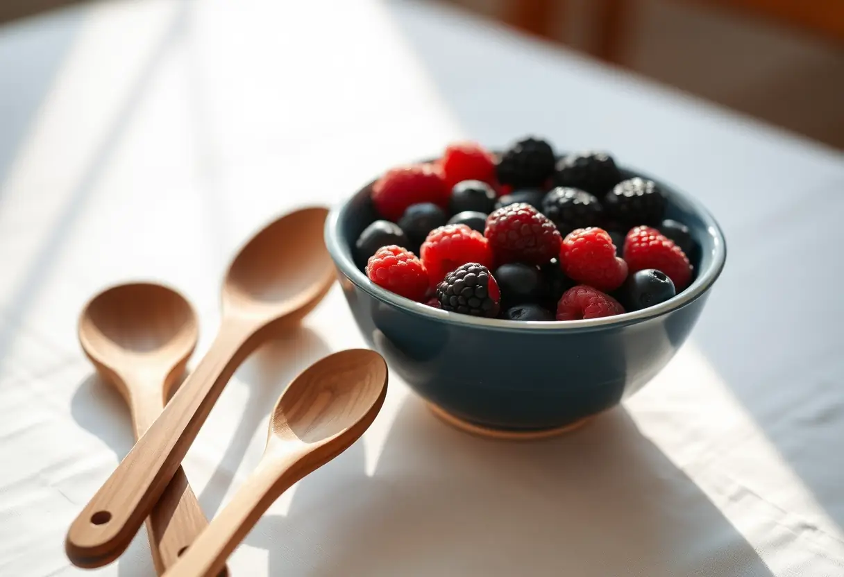 Cuillères à côté d'un bol de baies fraîches, symbolisant l'alimentation saine et le bien-être