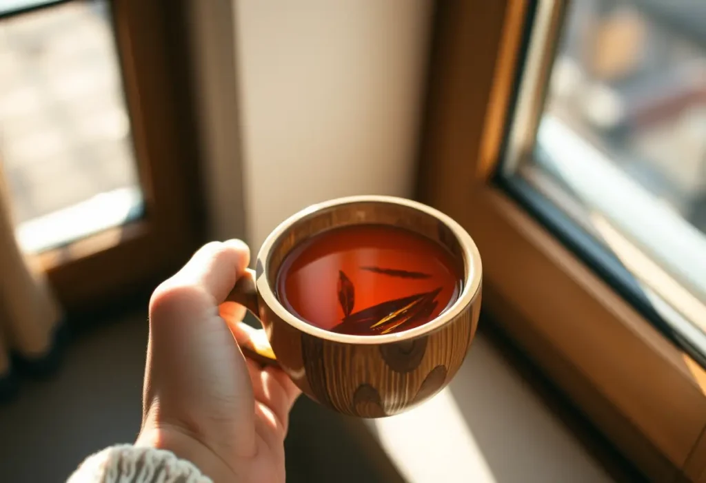 Une main féminine tient une tasse de thé aux herbes, favorisant la bien-être et la sérénité.
