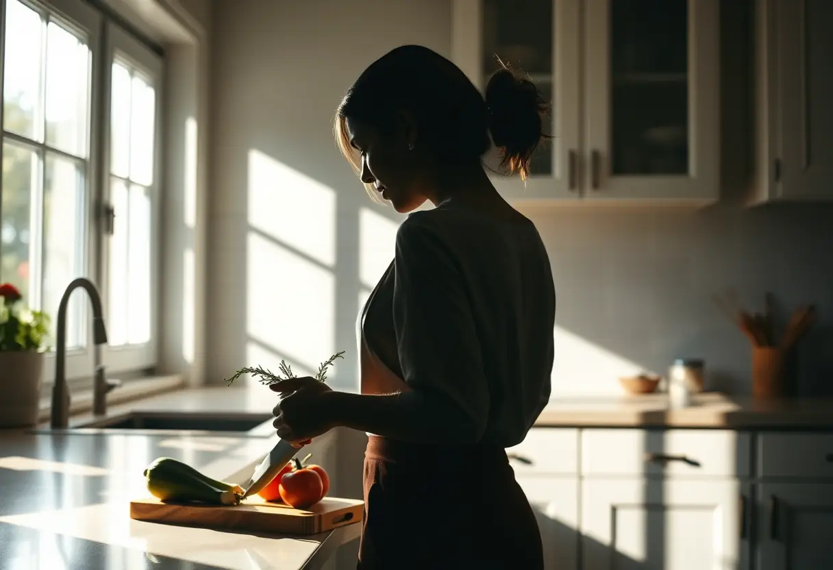 Une femme se tient dans une cuisine baignée de lumière, tenant un plan de travail avec des légumes frais, symbolisant l'importance de l'alimentation saine.