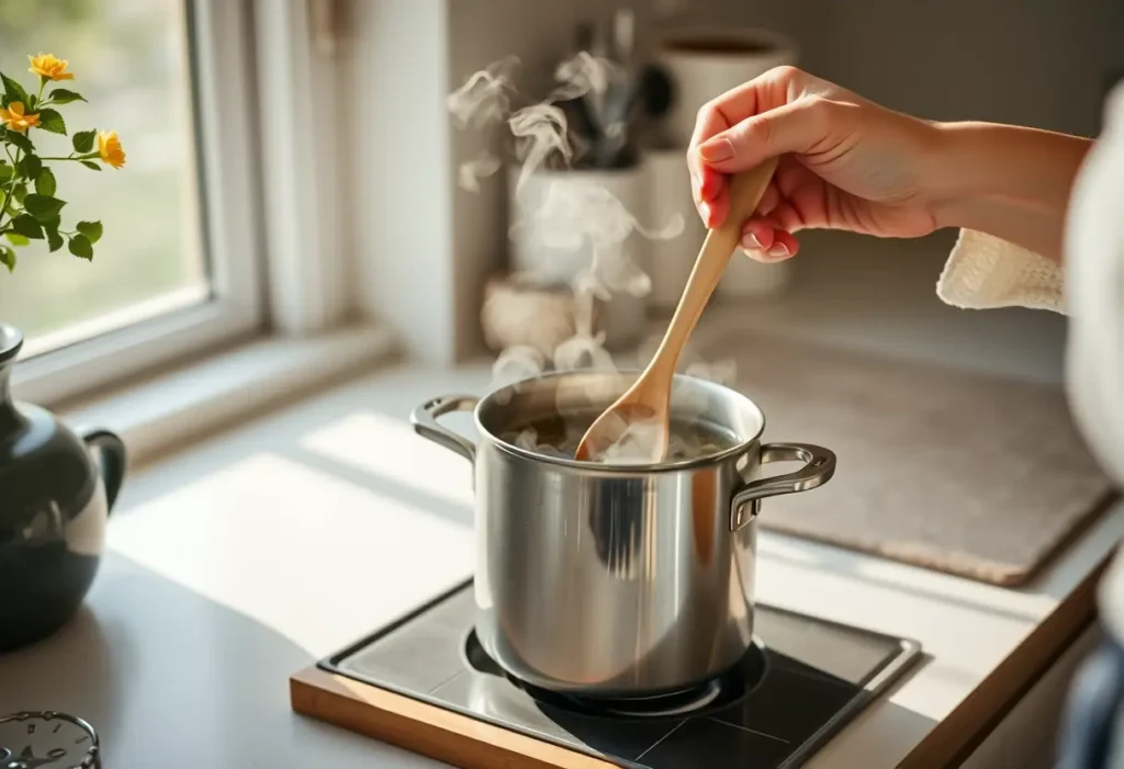 Main: une main féminine remue délicatement une cuillère dans une marmite de thé, favorisant la libido.