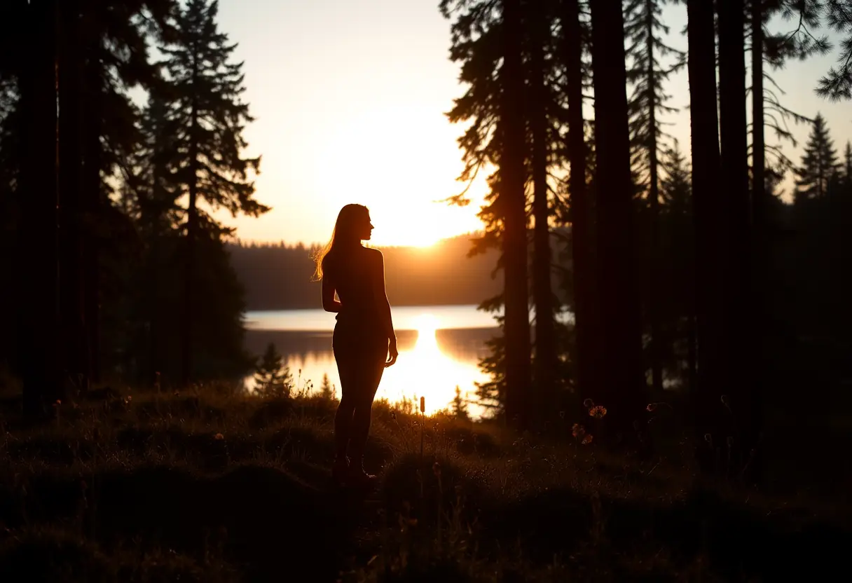 Texte alternatif : une femme se trouve dans un clearing de forêt, contemplant un lac calme au coucher du soleil, contribuant à la bien-être et au désir.