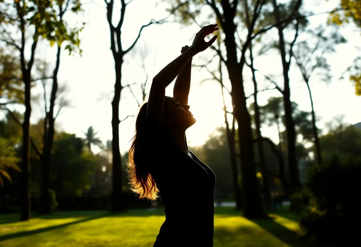 Main: un silhouette d'une femme étirant ses bras au-dessus de sa tête dans un parc verdoyant, représentant la connexion avec la nature.