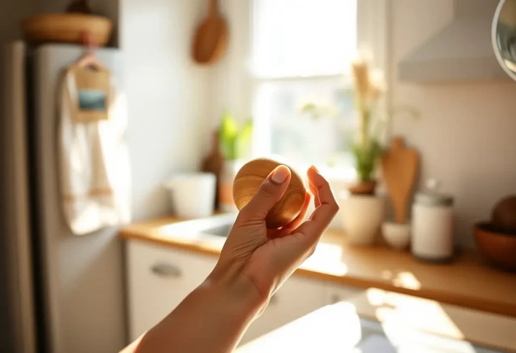 Main : Une main féminine tient une boule de bois lisse dans une cuisine éclairée par la lumière naturelle.