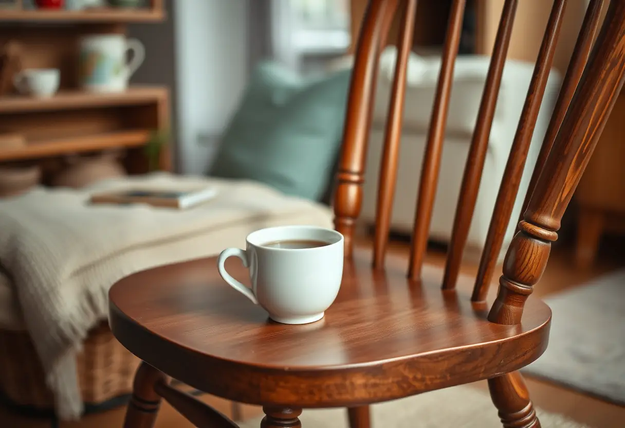 Texte alternatif : Un fauteuil en bois dans un salon confortable, avec une tasse en porcelaine remplie d'eau posée dessus.