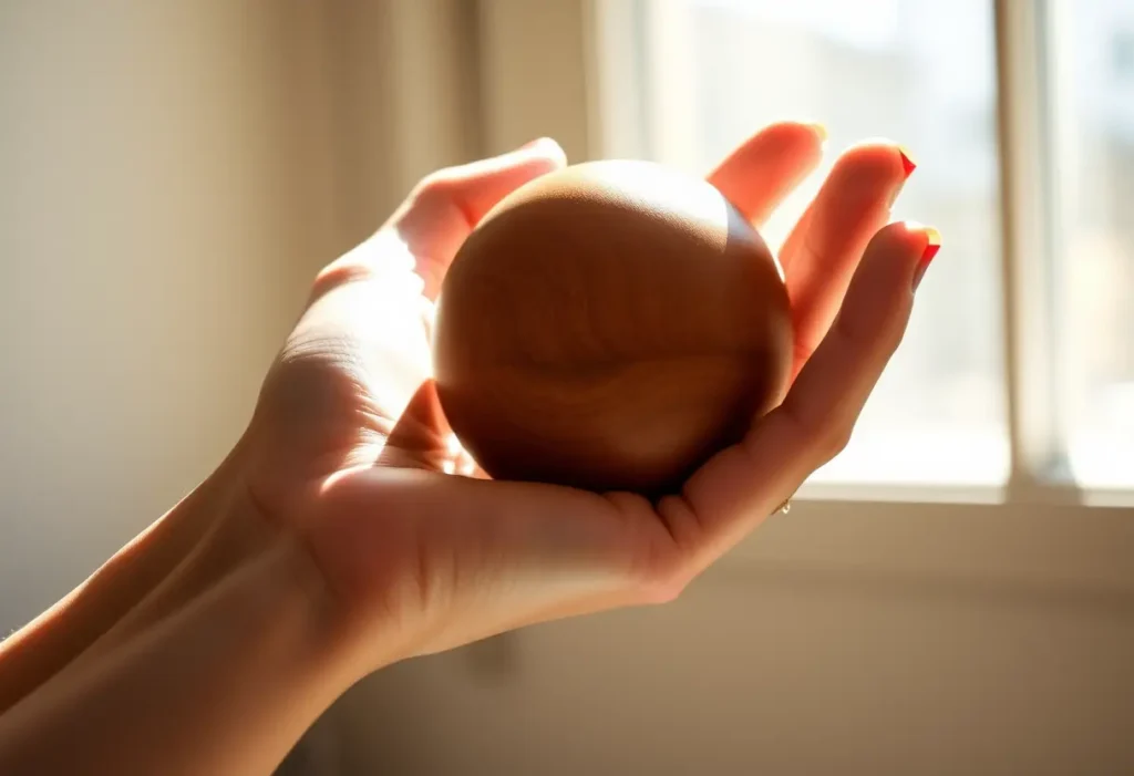 Main dans une boule en bois lisse pour la rééducation du périnée