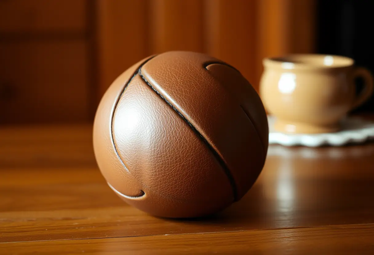 Kegel ball resting on a wooden table, object for pelvic floor training