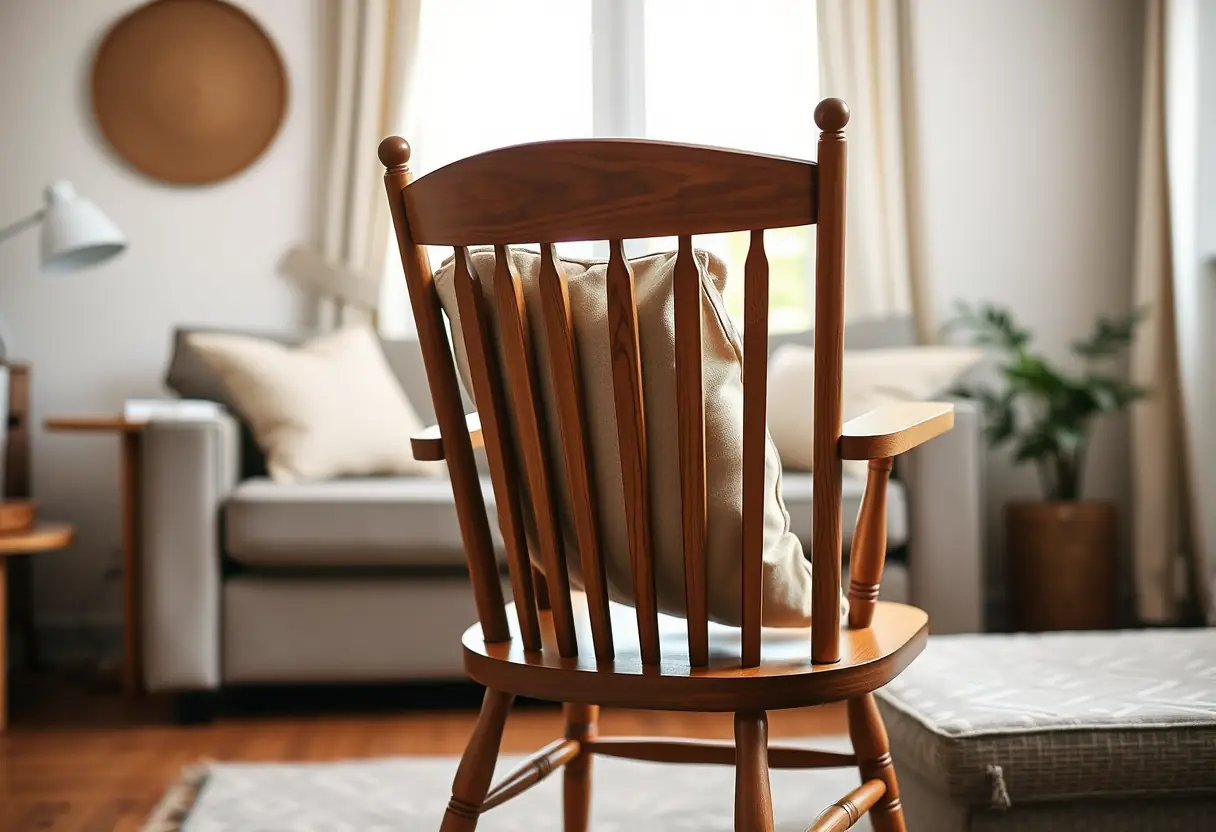 Un fauteuil en bois dans un salon confortable, dont le dossier légèrement affaissé sous le poids d'un coussin évoque soutien et bien-être