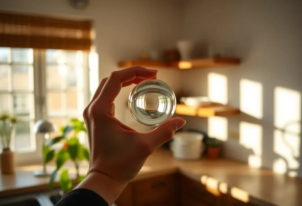 Une main tient une petite balle en verre dans une cuisine ensoleillée, rappelant la sérénité du soin personnel