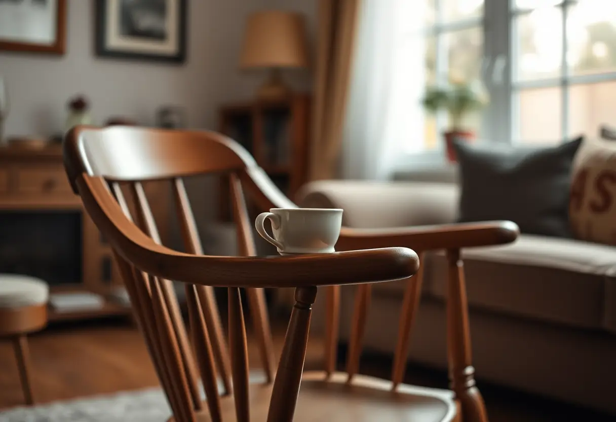 Un fauteuil en bois dans une pièce accueillante, avec une tasse de porcelaine posée sur son bras, symbolisant le confort intime