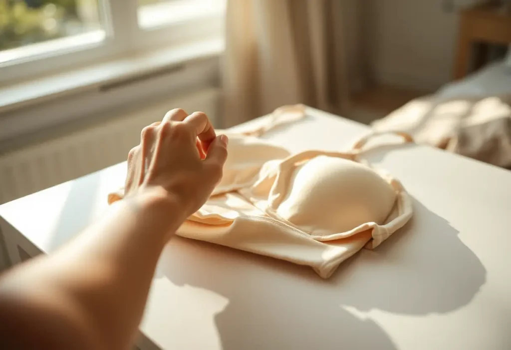 Une main féminine ajuste délicatement un sous-vêtement en coton dans une chambre lumineuse.