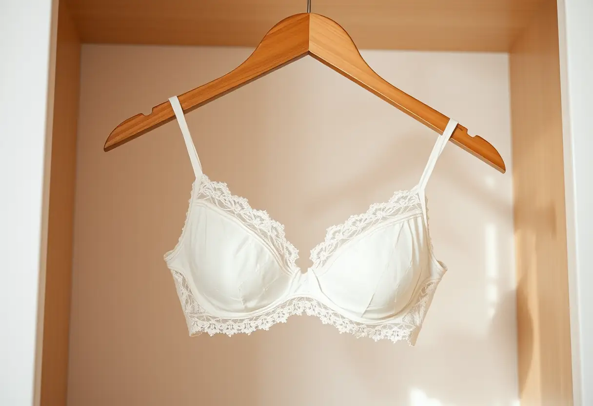 Un porte-vêtements en bois dans un placard, supportant un soutien-gorge en dentelle légère.