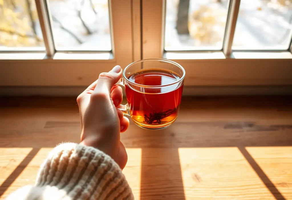 Une main tenant une tasse de thé chaud dans une pièce éclairée par la lumière du jour.