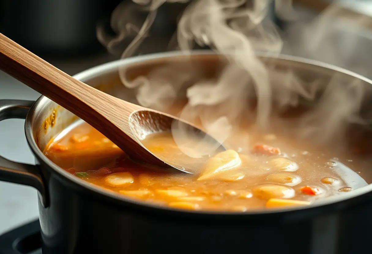 Une cuillère en bois qui remue une marmite de soupe chaude, évoquant le réconfort d’une cuisine maison.