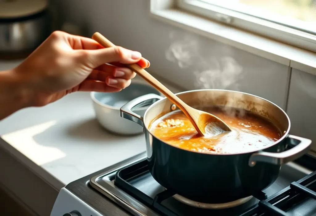 Main dans une cuillère de bois dans une cuisine, symbole de soin personnel