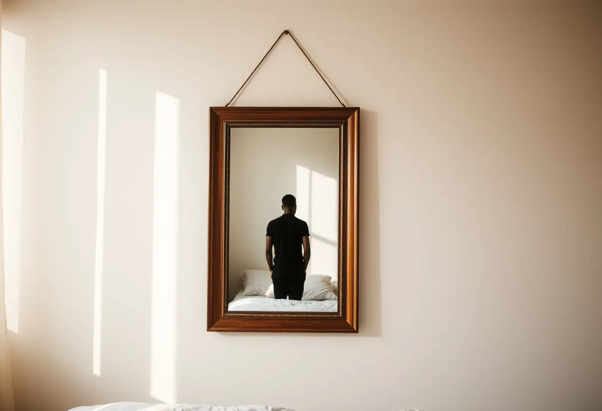 Miroir accroché dans une chambre, reflétant une silhouette, symbole d’introspection