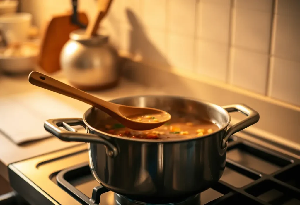Une cuillère en bois remue doucement une marmite de soupe sur un fourneau, lumière chaude et accueillante