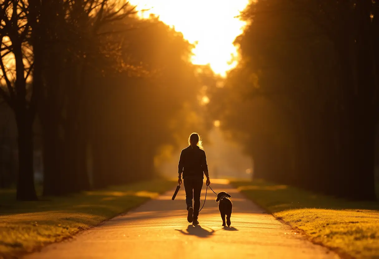 Silhouette de quelqu’un promenant un chien le long d’un chemin ombragé au crépuscule, l’heure dorée baigne la scène de tons chauds