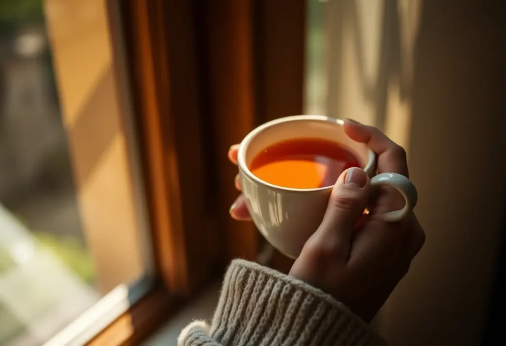 Une main féminine tenant une tasse de thé chaud, apportant chaleur et confort