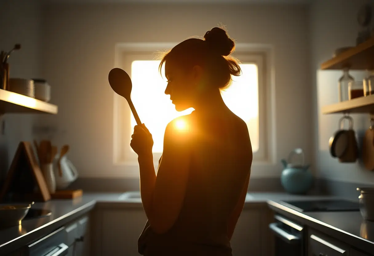 Un profil d'une femme dans une cuisine, sa main posée sur une cuillère en bois, baignée de lumière matinale