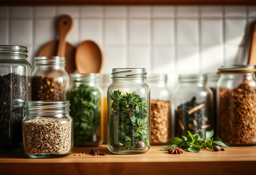Un plan de travail de cuisine avec des bocaux en verre contenant des herbes et épices sèches.