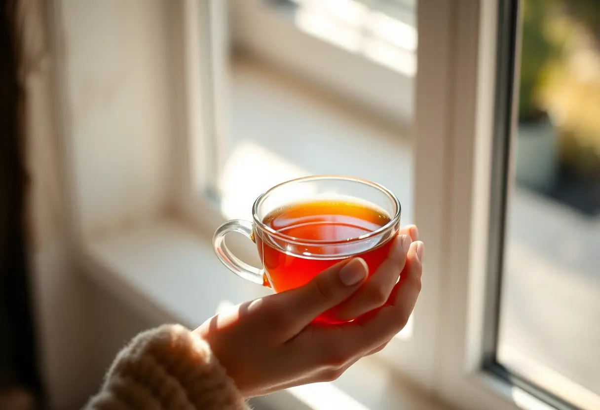 Une main tenant une tasse de thé chaud, symbolisant le réconfort et la douceur