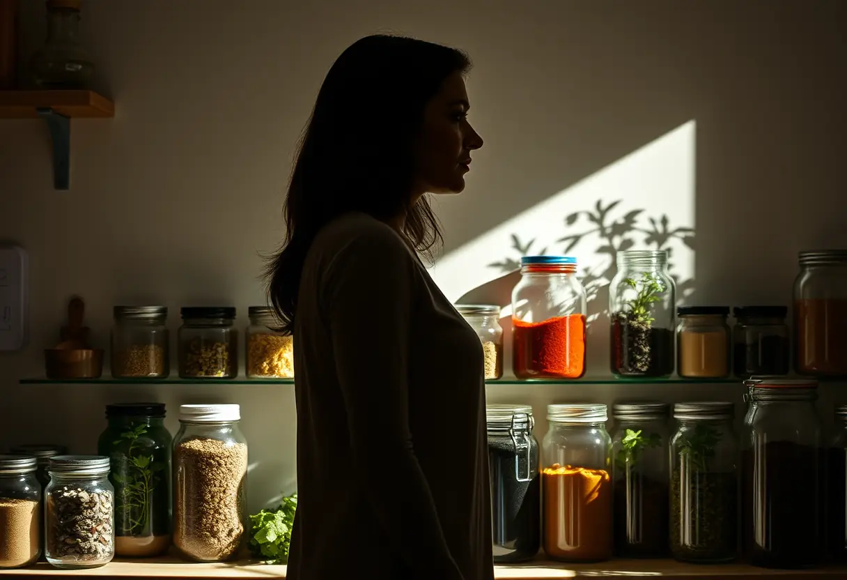 une silhouette de femme dans une cuisine entourée de bocaux en verre remplis d'épices et d'herbes colorées