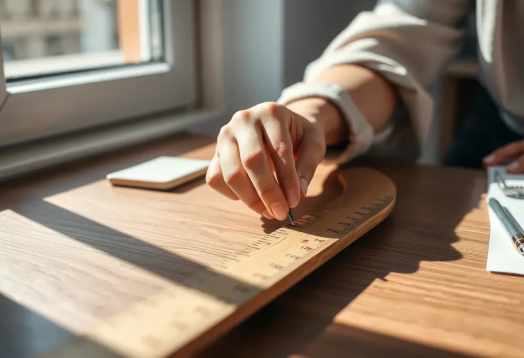 Une main féminine trace doucement les courbes d’un règle en bois sur un bureau, illustrant l'importance des mesures pour comprendre sa morphologie.