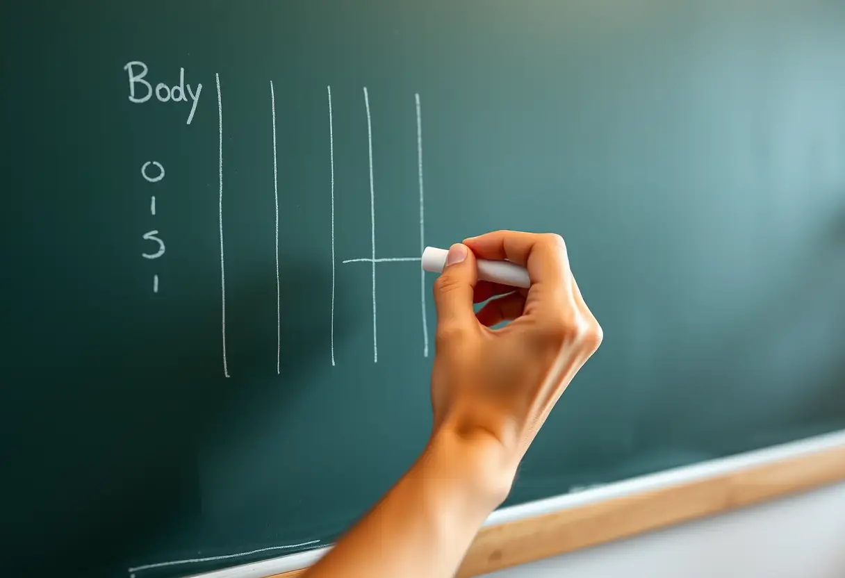Une main tenant un morceau de craie qui dessine des lignes verticales sur un tableau noir, illustrant les étapes pour calculer sa morphologiecorporelle