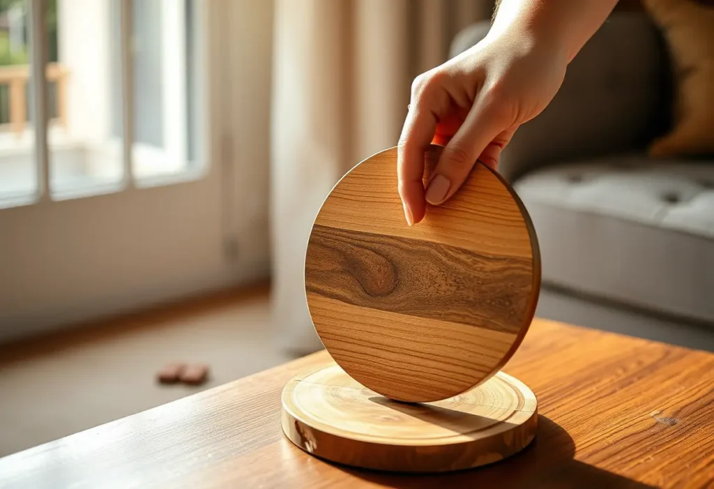 Une main posée sur un petit plateau rond en bois