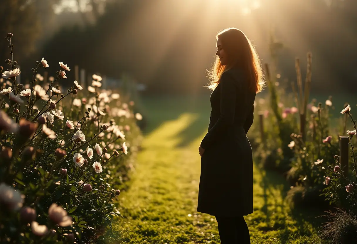 Une femme en silhouette dans un jardin fleuri