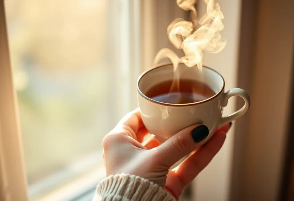 Une main féminine tenant une tasse de thé chaud, apaisante et réconfortante