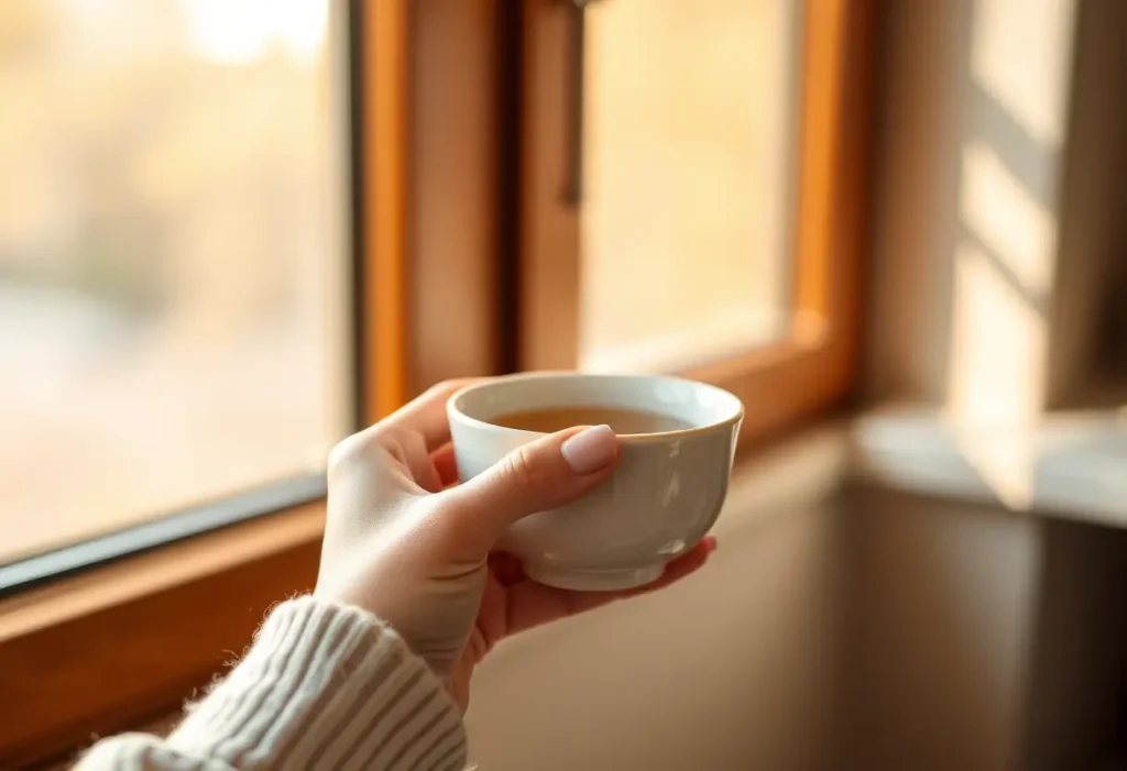 Main de femme tenant une tasse de thé céramique, lumière douce du matin, le confort de la prise en soi
